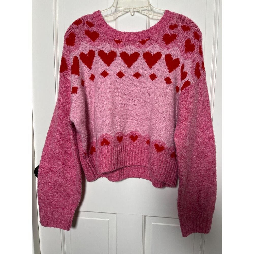 Jessica Simpson Heart Sweater L Pink Red Cropped Y2K Inspired Balloon Sleeve - Picture 2 of 8
